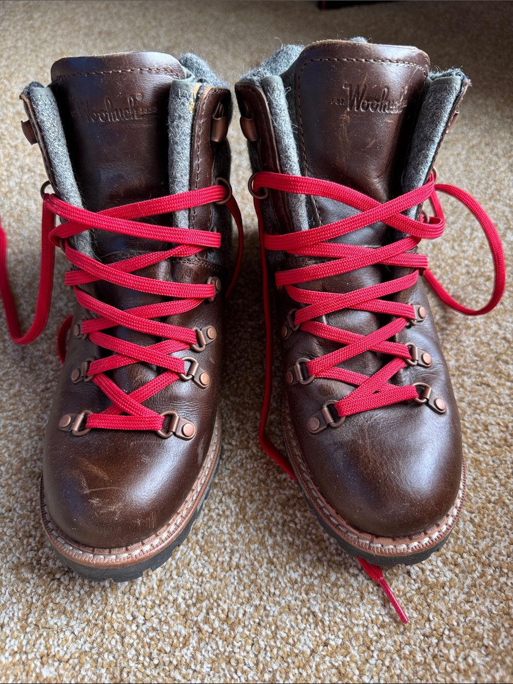 Woolrich Brown Leather Lace-Up Boots with Red Laces